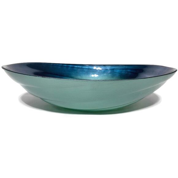 Blue Green Handblown Serving Bowl Glass Art Oval Shaped 13x8.5x3 - Picture 3 of 10